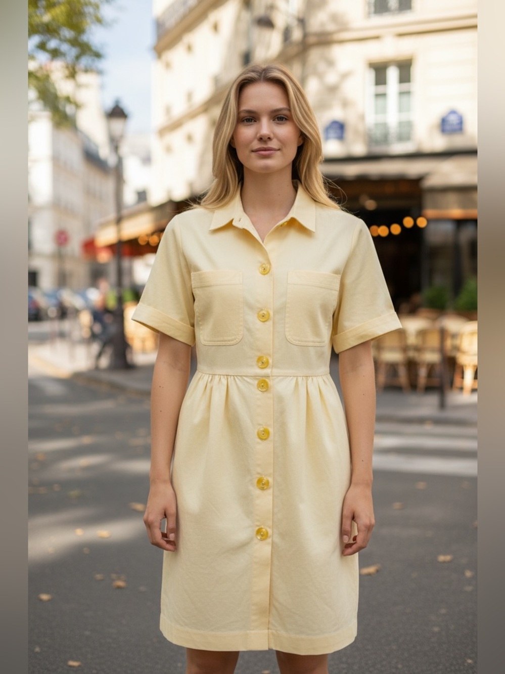 Guy Laroche cotton butter Yellow large Button accent Front Shirt Dress Sz 8/10
